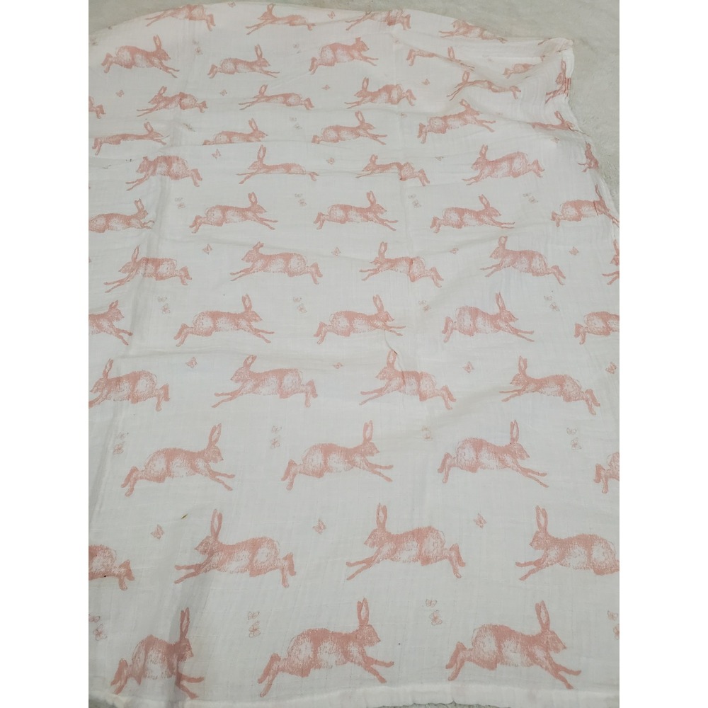 Pottery Barn Kids White Pink Bunny Organic Cotton Swaddle Blanket Baby Nursery